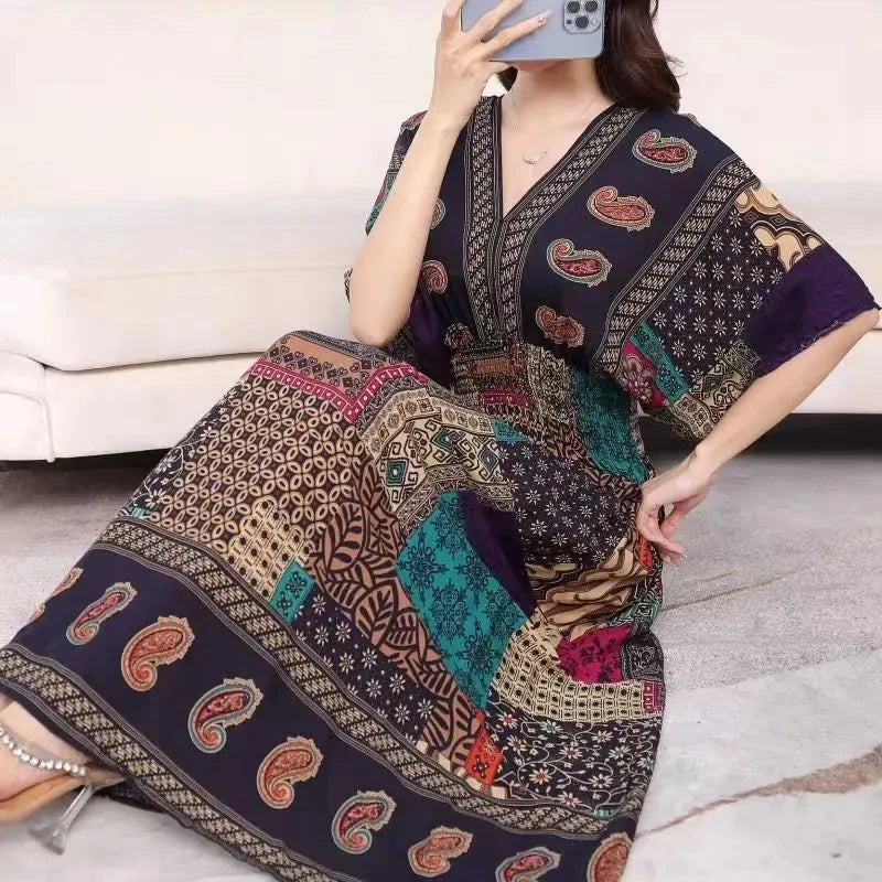 Colorful Flower V-neck Elastic Youthful Bohemian Sweet Midi Dress Woman Clothes Chic Fashion Summer Dresses