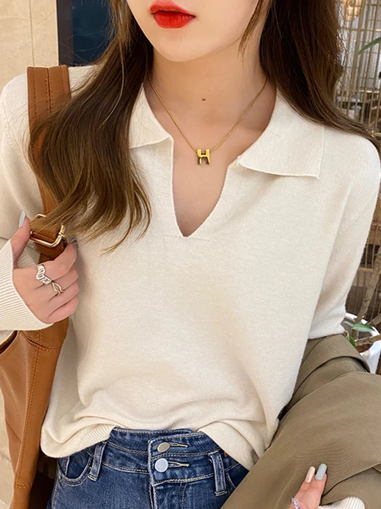 Polo Neck Sweater Pullovers Long Sleeve Tops Women Autumn Winter Clothes Knit Soft Jumper Streetwear Simple Sweater