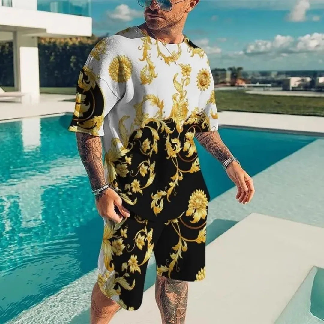 Summer Men's Luxury Pattern Sportswear 3D Printed Short Sleeve T-shirt Set Fashionable Casual Men's T-shirt Two Piece