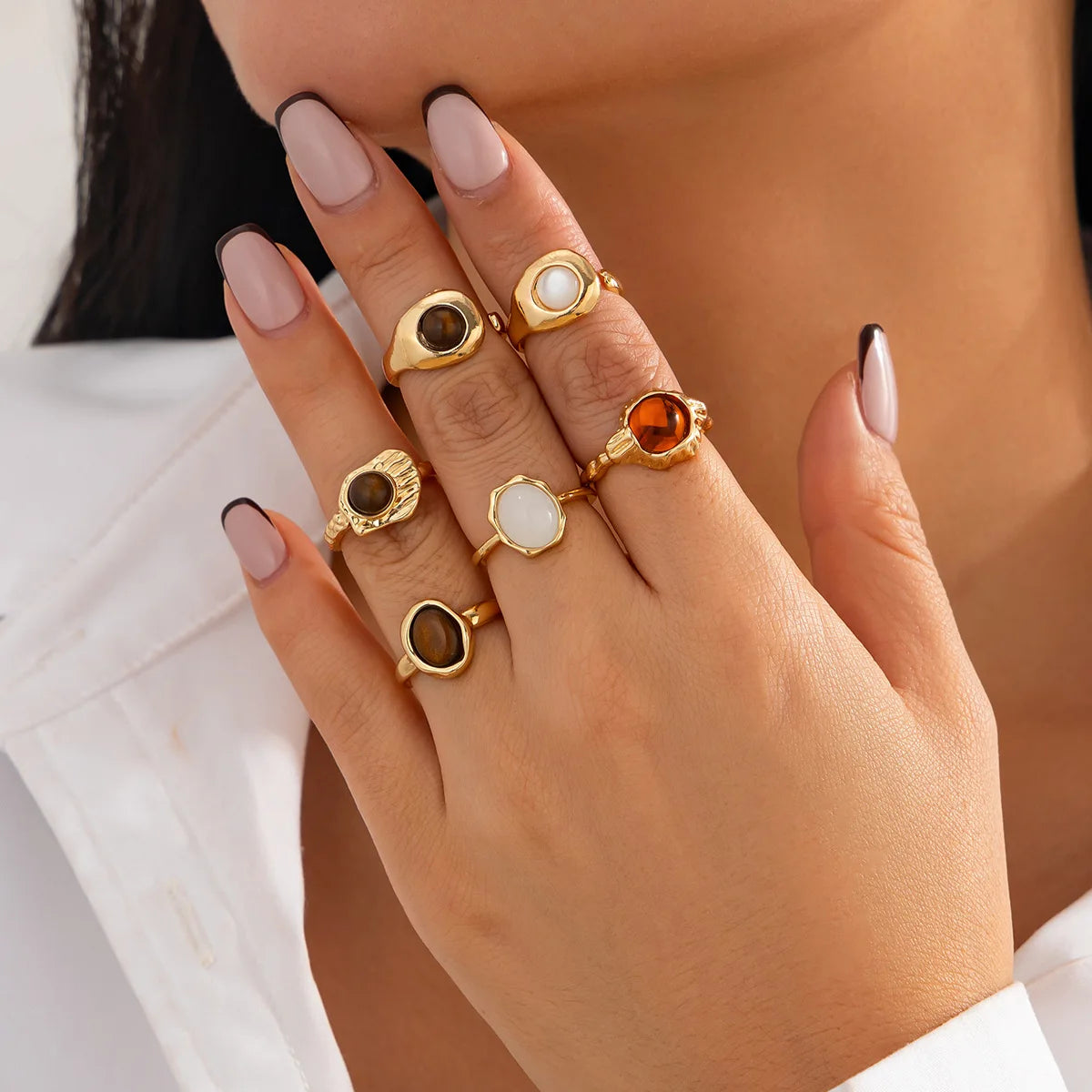 6Pcs Exaggerated Metal Finger Rings Set for Women Vintage Flower Pearl Crystal Europe America Open Rings Luxury Jewelry