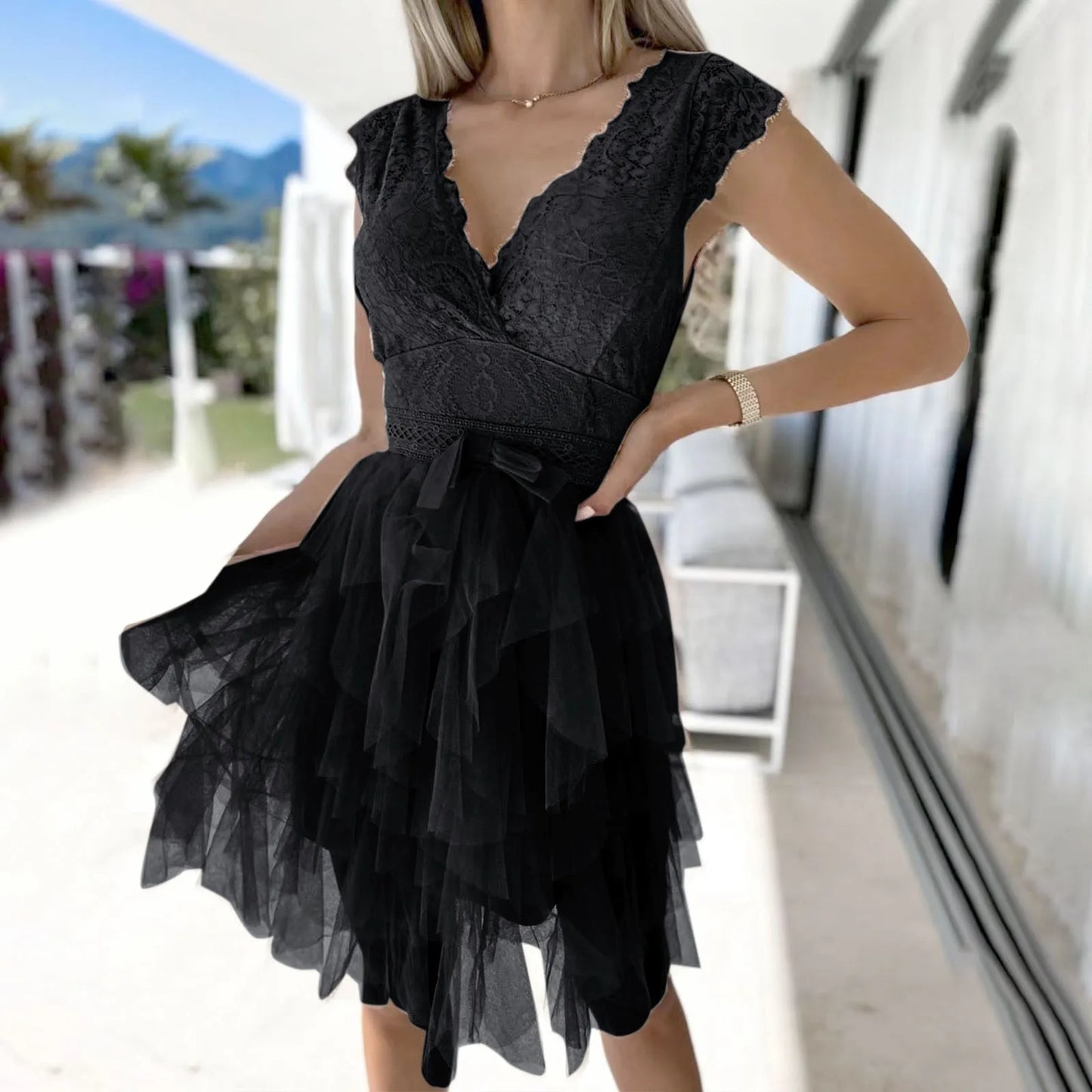 Backless Lace  Dress Women's Sexy Bow Lace-up Mesh Sleeveless Cocktail Dresses Summer  Prom Dresses