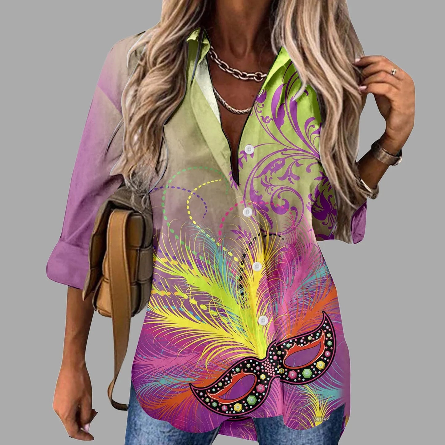 Mardi Gras Women V Neck Shirts Button Long Sleeve Carnival Print Tops Female Blouses Loose