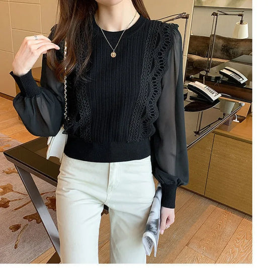 Solid Round Neck Pullover  Bubble Sleeve Loose Chiffon Tops