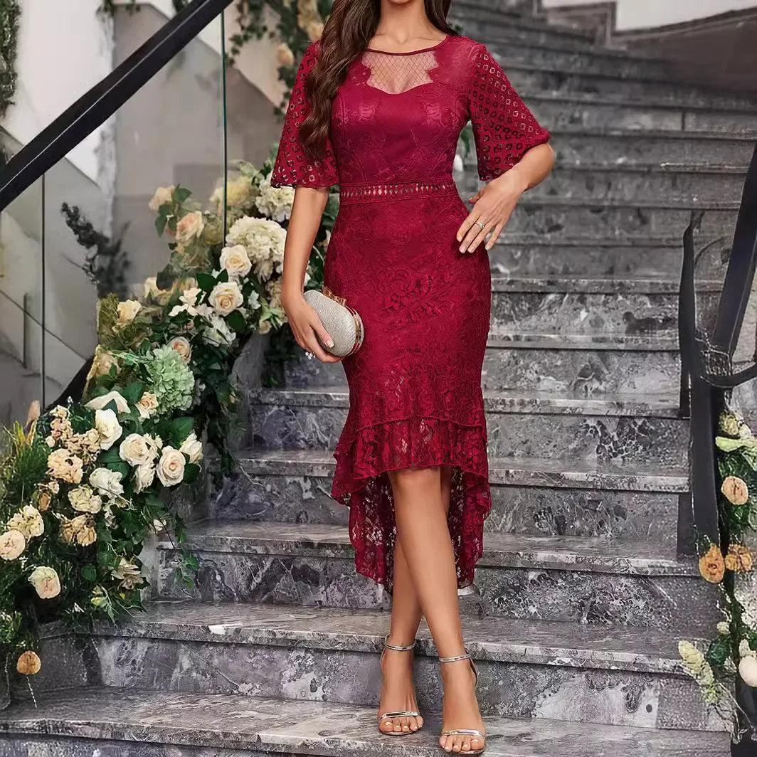 Lace Satin Appliques Backless See Through Tulle Short Sleeve  Dress