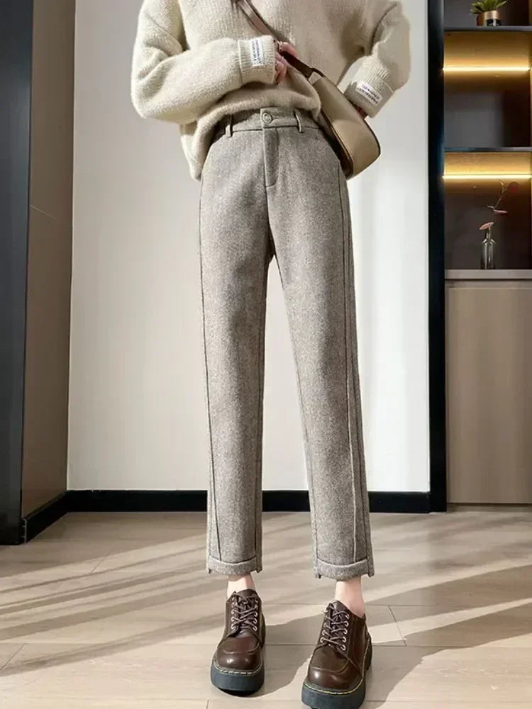 High-waisted Tweed Straight Pants Loose Casual Herringbone  Cropped Trousers
