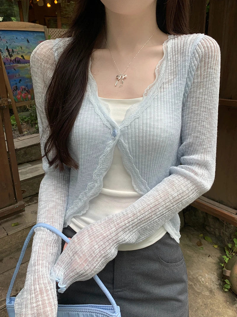 Lace Trim One Button Long Sleeve Crop Top Women Short Sleeve Open Front Ribbed Knit Cardigan Sweater Summer