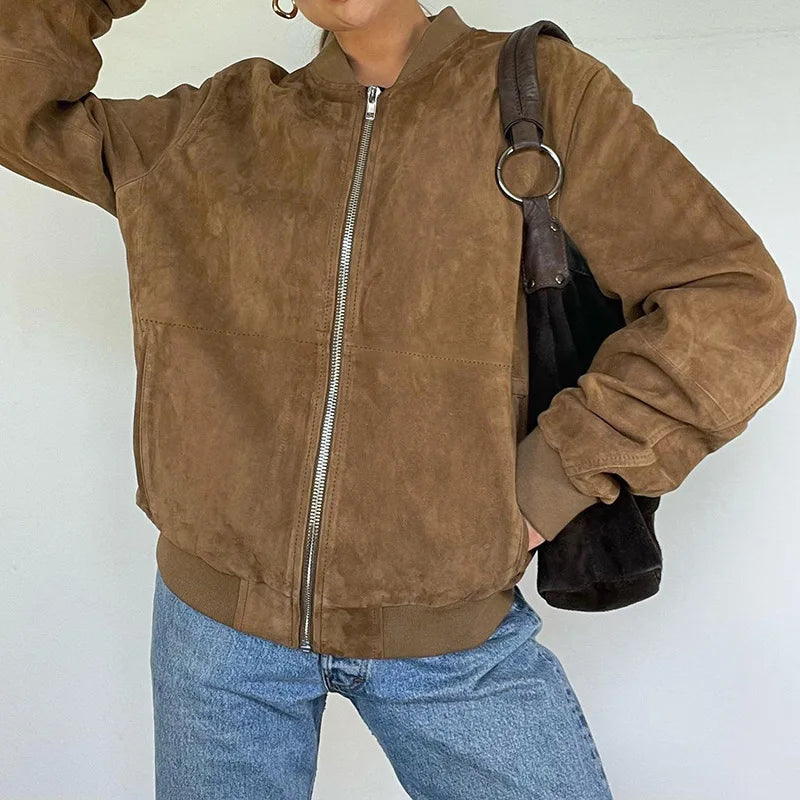 Vintage Chocolate Leather  Jacket  Chic Zipper Long Sleeve Pocket Short Coat