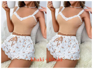 Women 2pc Pajama Set Pink Lace Patchwork V-Neck Sleepwear Sexy Nighties Suit Cami Top Printed Shorts