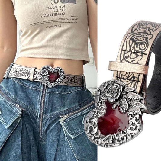 Gothic Punk Leather Belt For Women Metal Red  Heart Buckle Waist Strap Jeans Decorative Waistband Accessories