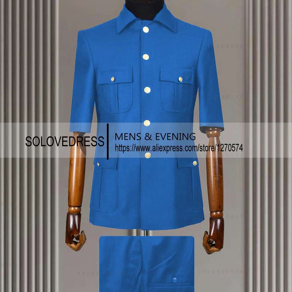 2 Piece Lapel Short Sleeves with 4 Real Pockets Single Breasted Slim Fit Summer Suits