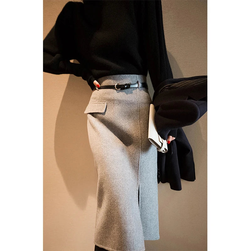 Belt Woolen  Slit Hip Wrap High Waist Slim A Line Skirt