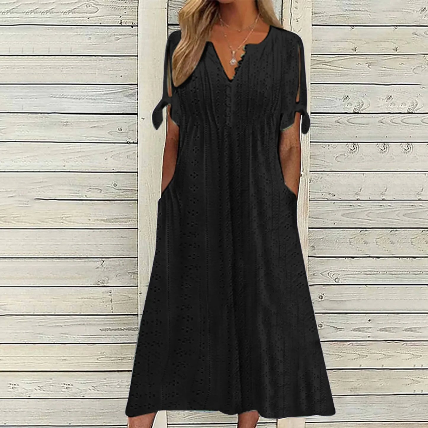 Dresses for Elegant Ladies Party Dresses Hollow Out Bow Short Sleeve Lace Waist Pocket Wedding Mother Dress