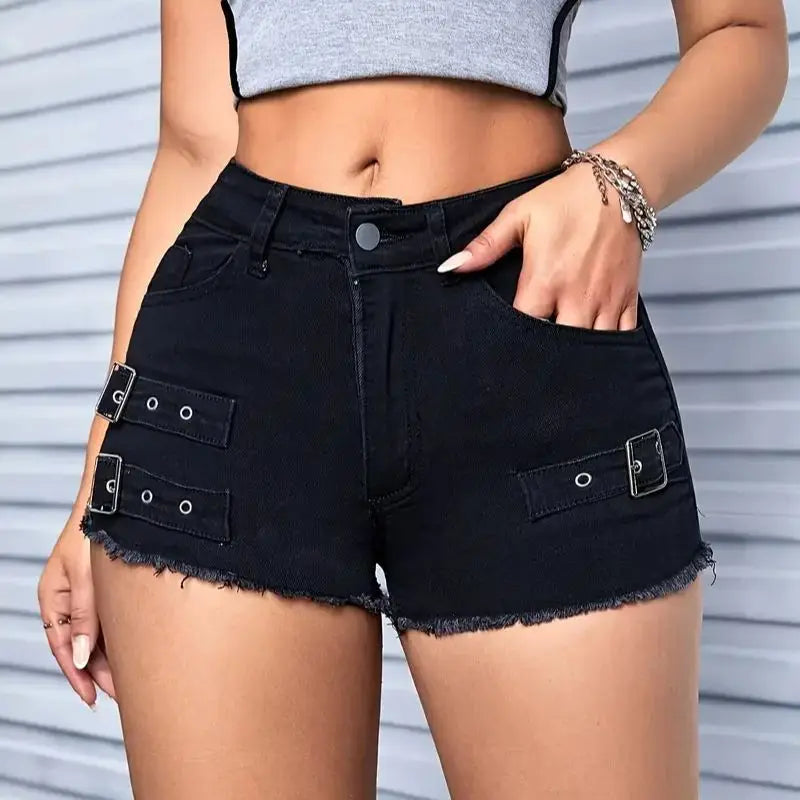 Women High-waisted Denim Shorts, Street-style Denim Hot Pants, Casual Raw Hem Shorts