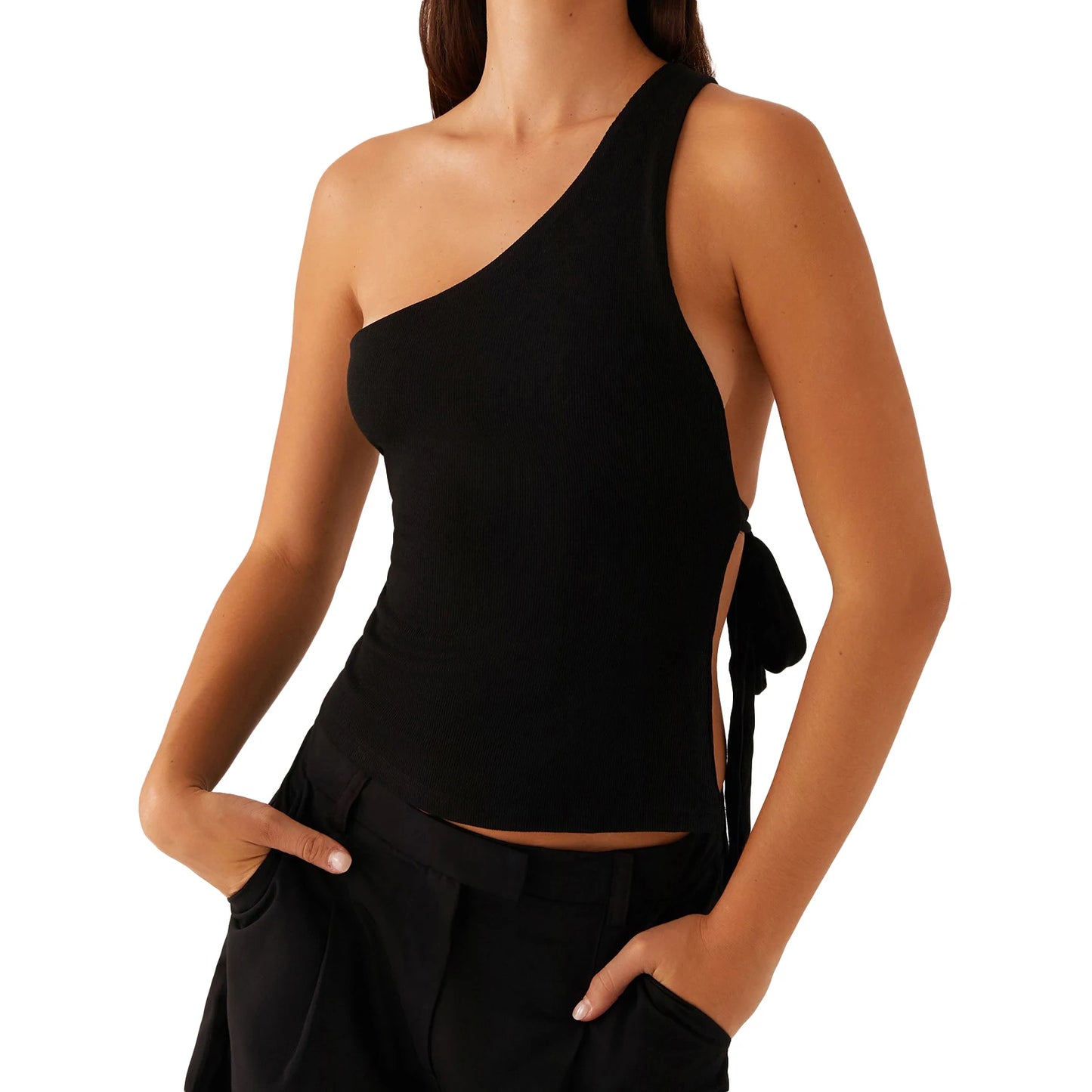 Women Off One Shoulder Tank Tops Solid Stylish Side Tie Design Summer Vest Fashion Sexy Bandage Tops