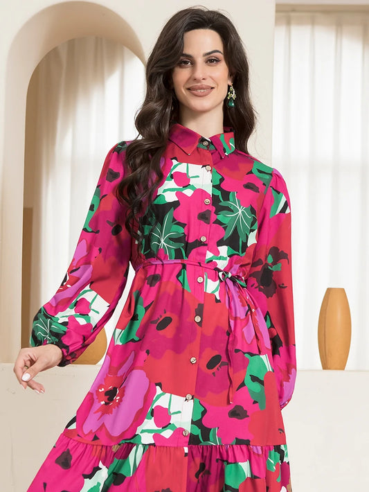Pointed Collar Long Sleeve Button Belted Floral Print Maxi Dress in Rose Pink