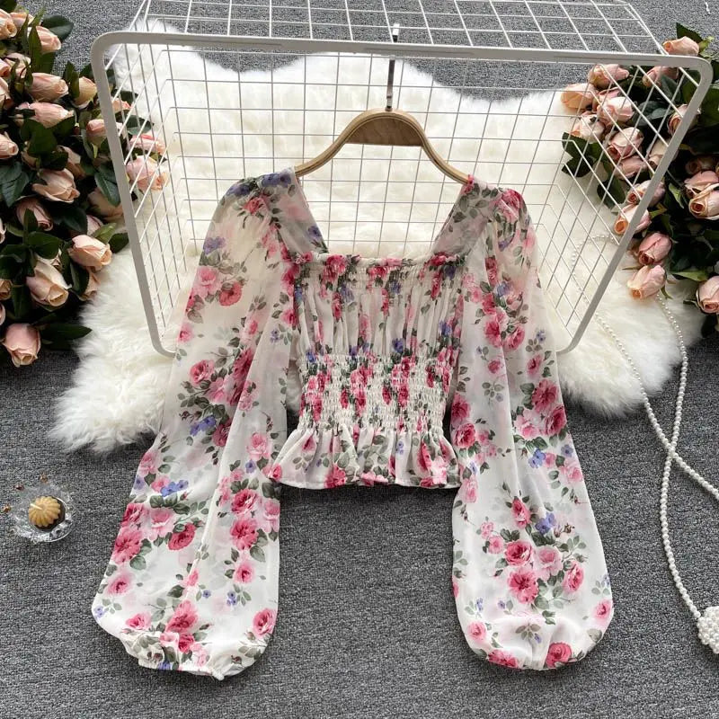 Elegant Floral Printed Chiffon Square Collar Slim  Lantern Sleeve Blouse