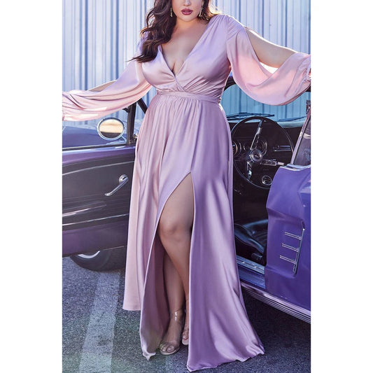 Long Sleeve Satin V-neck Maxi Dress