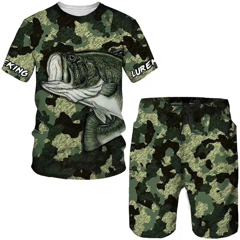 Outdoor Sports Men's Tracksuit Fishing O-Neck Short Sleeves Shorts 2 Piece Outfit Oversized T-Shirt Men Clothing Casual Suit