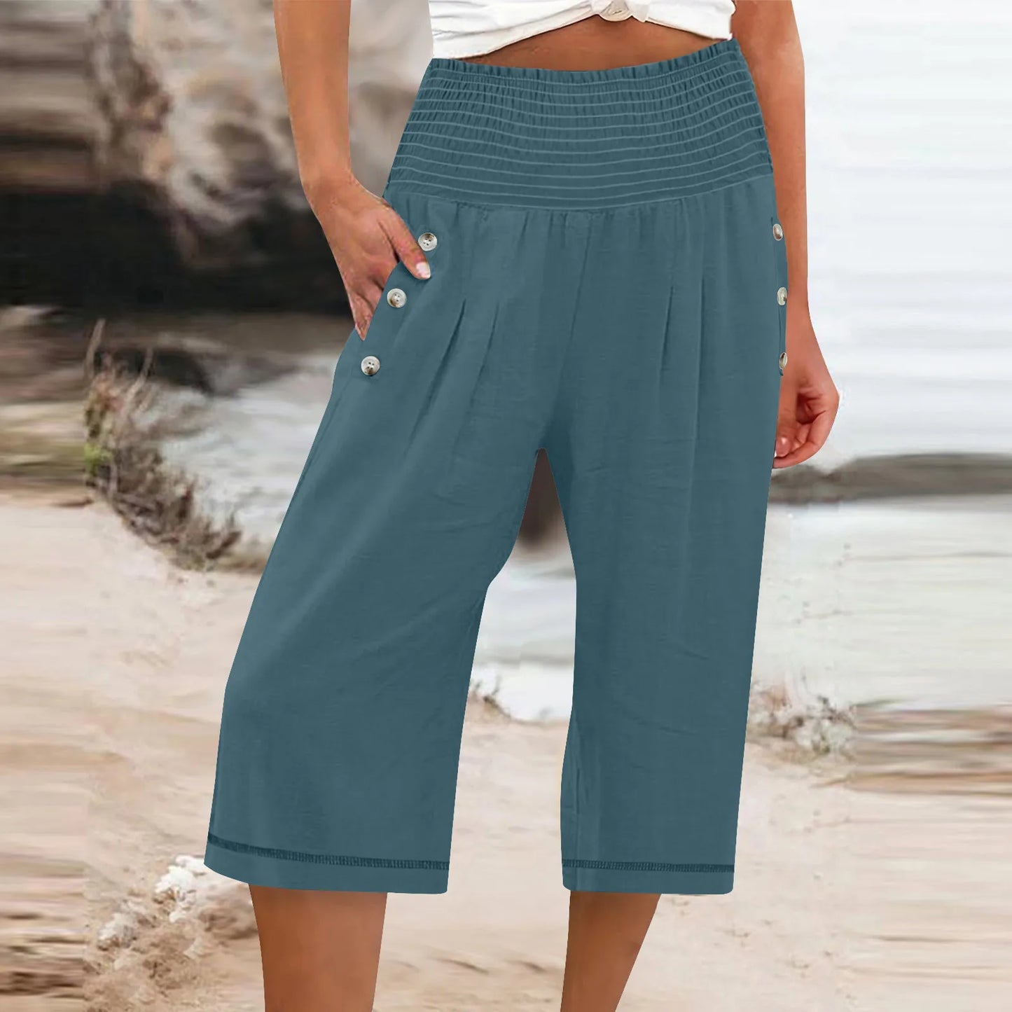 Women Cropped Pants Cotton Linen Baggy Trousers Drawstring Elastic Waist Solid Straight Pants
