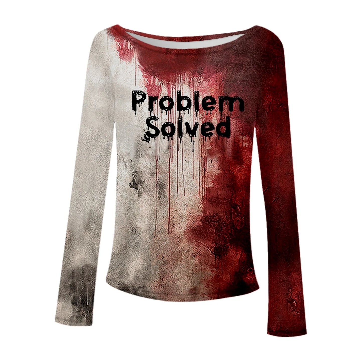 Bloody Fonts T-Shirt Halloween Ladies Printed Long Sleeve Crew Neck T Shirt Top Distressed