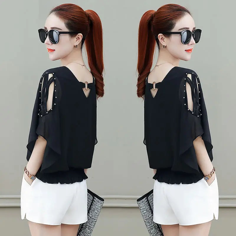 V-neck Short Sleeve Chiffon Shirt