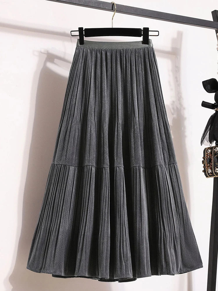 Velvet  Umbrella Skirt Folded High Waist  Medium Long  A-line