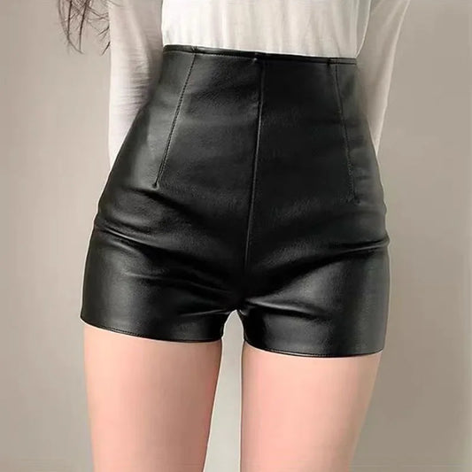 High Waist  Leather Shorts with Zipper Fly