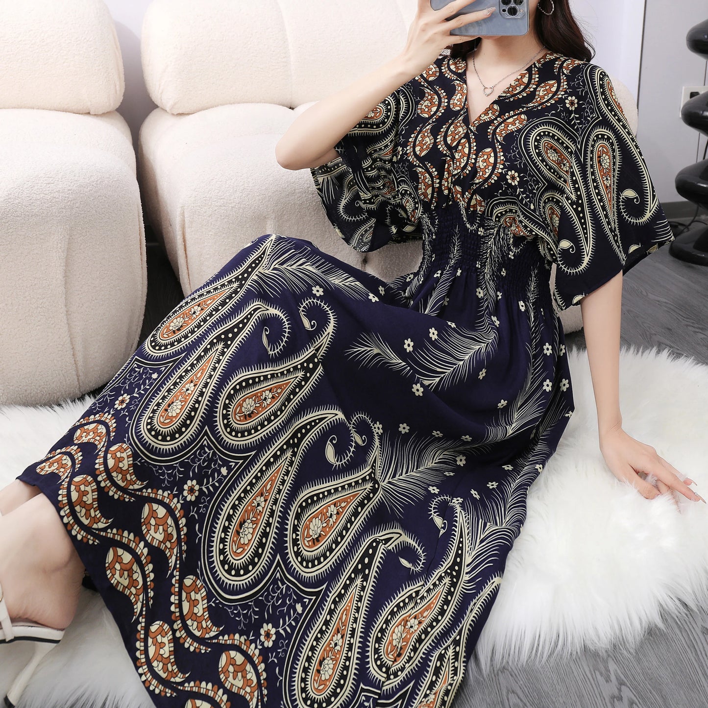 Colorful Flower V-neck Elastic Youthful Bohemian Sweet Midi Dress Woman Clothes Chic Fashion Summer Dresses