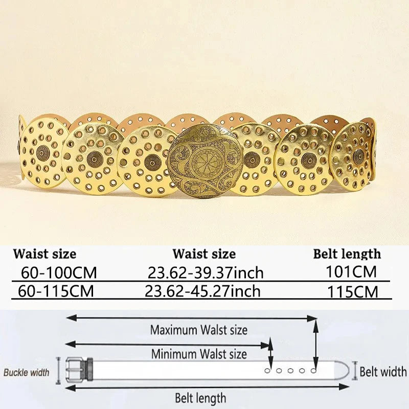 Women's Western Denim Belt High Quality Metal Hollow Ladies Trend Wide Waistband Vintage Personalized Round Belts
