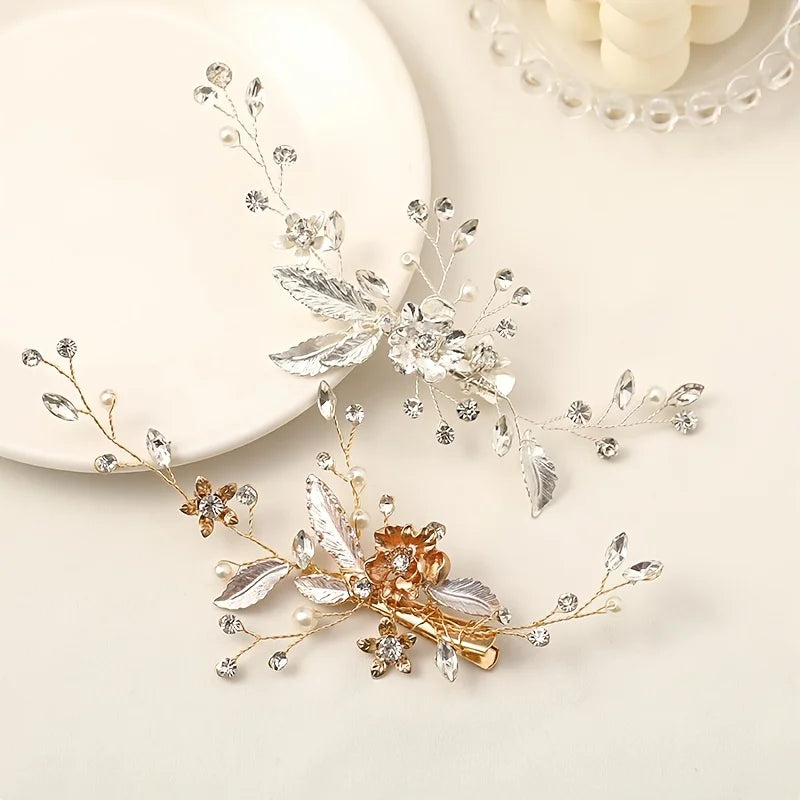 Trendy Gold Silver Color Flower Leaf Crystal Hairpin Headband Hair Accessories Headpiece Jewelry Ornaments