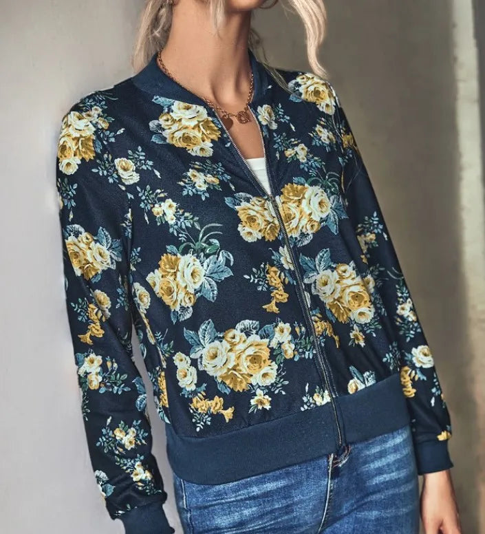 Women Elegant Zipper Bomber Jacket Floral Printed Jackets Office Wear Coat Retro Outwear