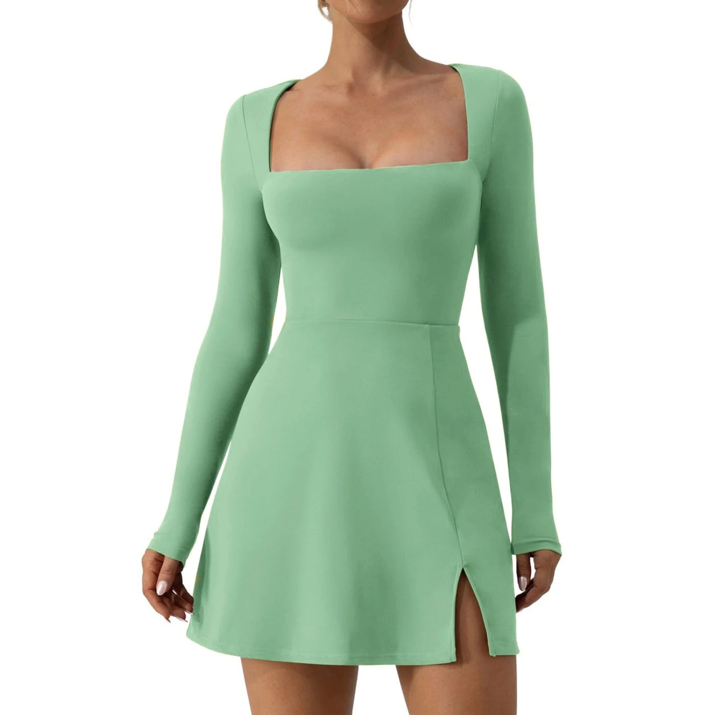 Short Dress Solid Color Long Sleeve Square Neck Split Hem Party Dress
