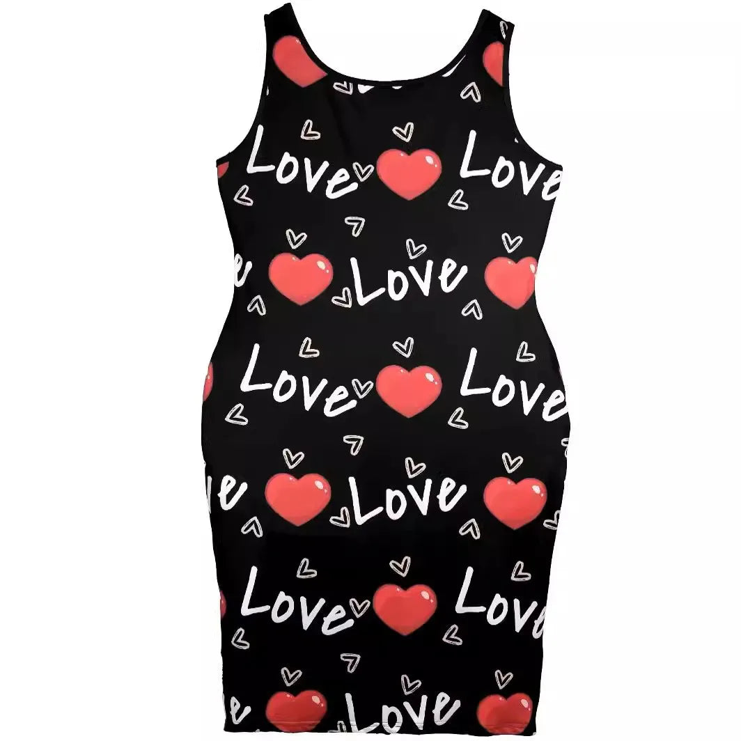 Contrast Heart Print U-Neck Sleeveless Casual Bodycon  Mini Dress