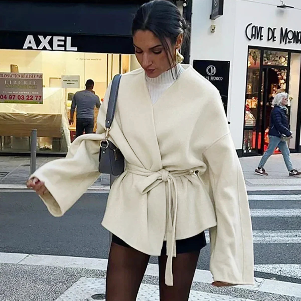 Fashion Solid  Fleece Coat Belt Elegant V-neck Long Sleeve Jacket