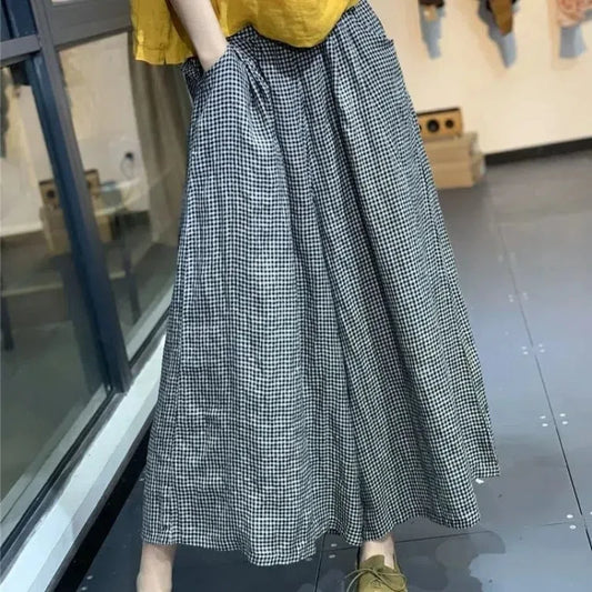 Elasticized High-waisted Pocket  Plaid  Loose Casual  Pants