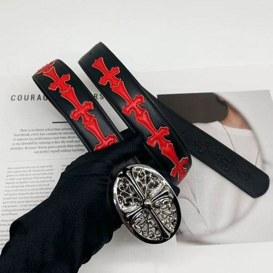 Cross Belt Men's and Women's Red Black Retro Round Cross Buckle
