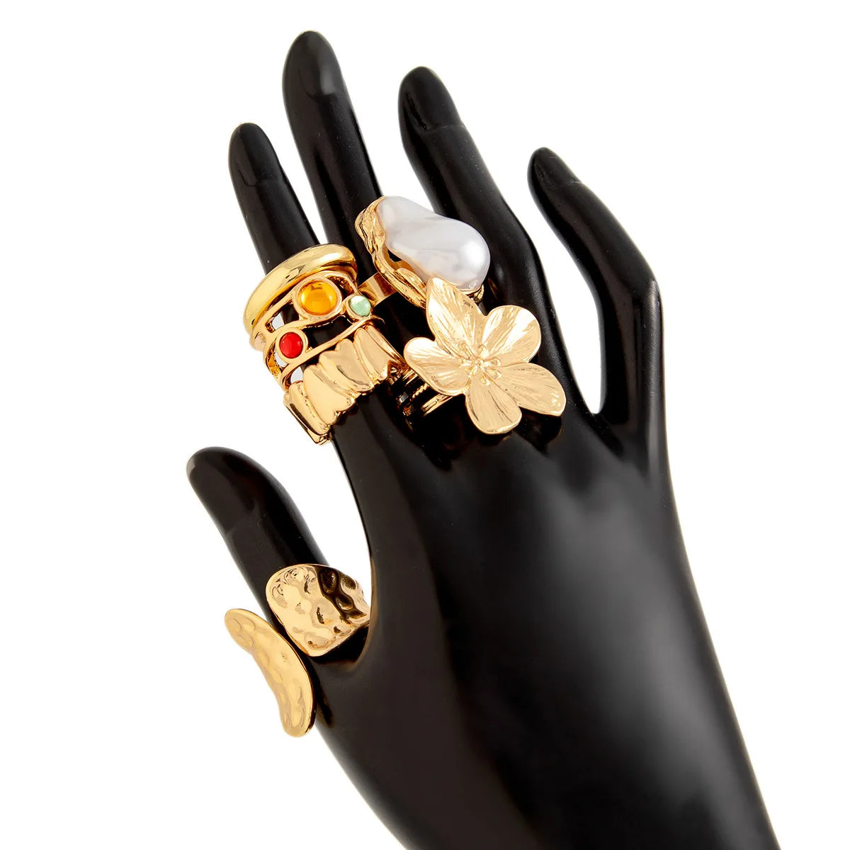 6Pcs Exaggerated Metal Finger Rings Set for Women Vintage Flower Pearl Crystal Europe America Open Rings Luxury Jewelry