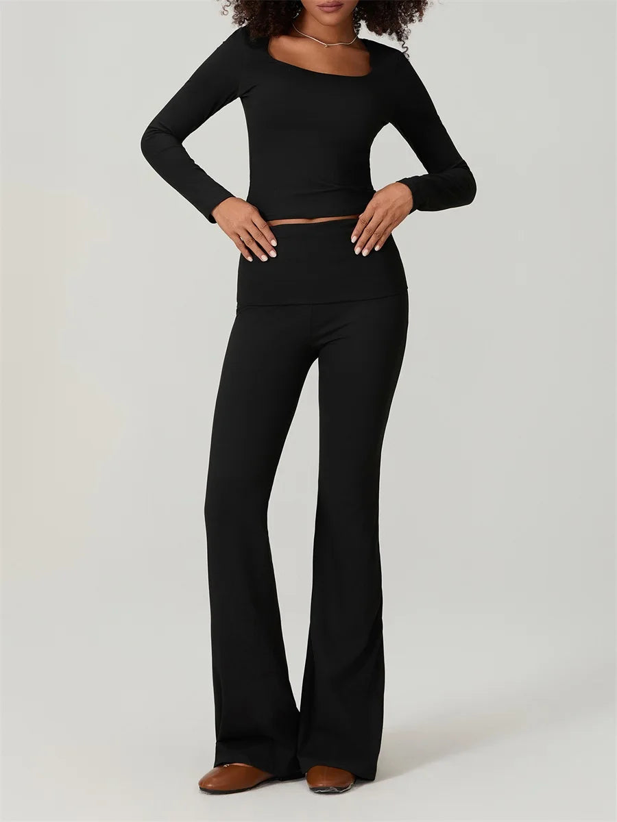 Elegant Women's Solid Color Two-Piece Set with Square Neck Long Sleeve Top and  Fit Long Pants for Stylish Loungewear