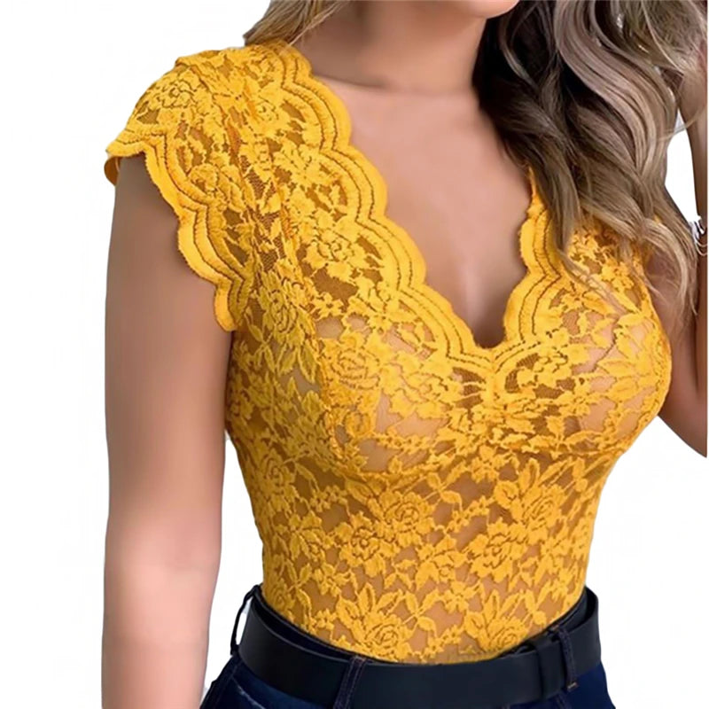 Women Tops Summer Sexy Lace Crochet  Casual Solid Color Trend Lace Hollow Out Top For Ladies