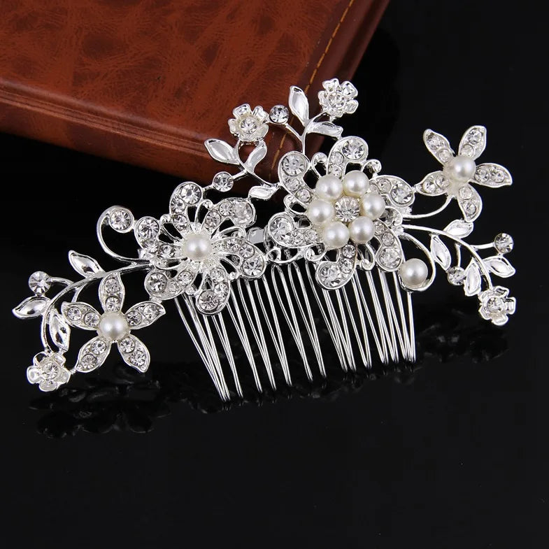Silver Color Flower Pearl Rhinestone Hair Comb Headband Hair Accessories For Women  Headband Hair Jewelry