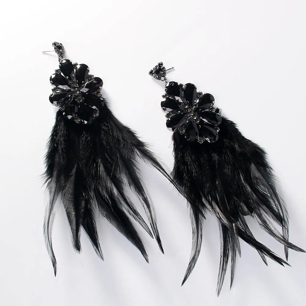 Black Feather Dangle Earrings Piercing Inlaid Rhinestone Hanging Earrings