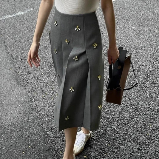 Embroidery Beading Gray  Ruched Skirt High Waist
