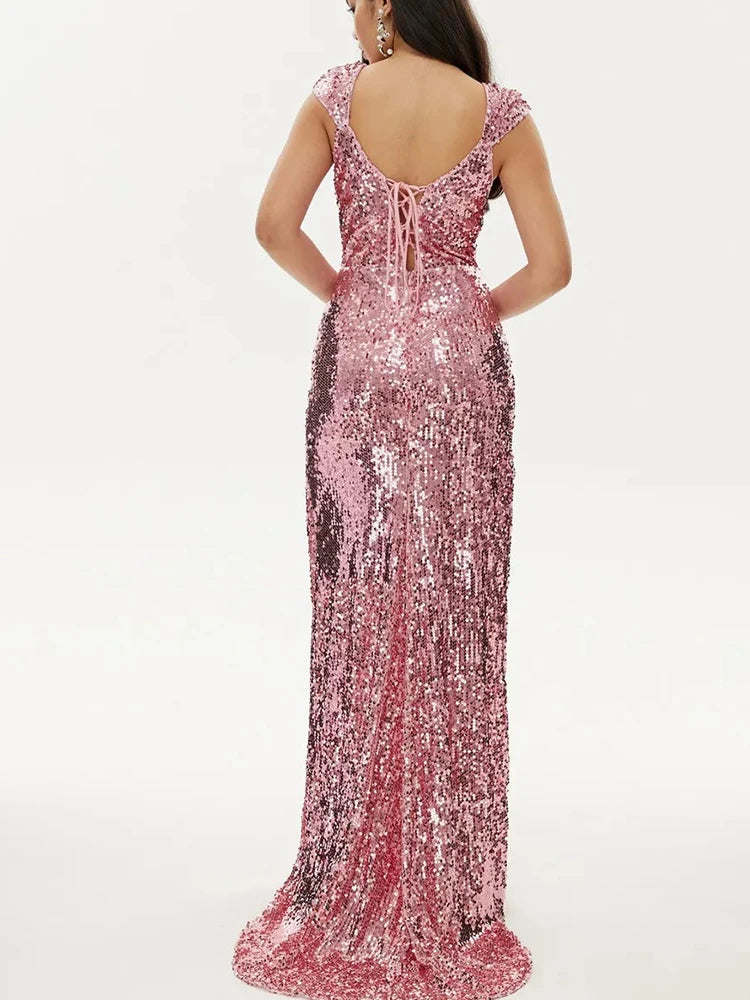 Cocktail  Off The Shoulder Sleeveless Pink Sequin Dress