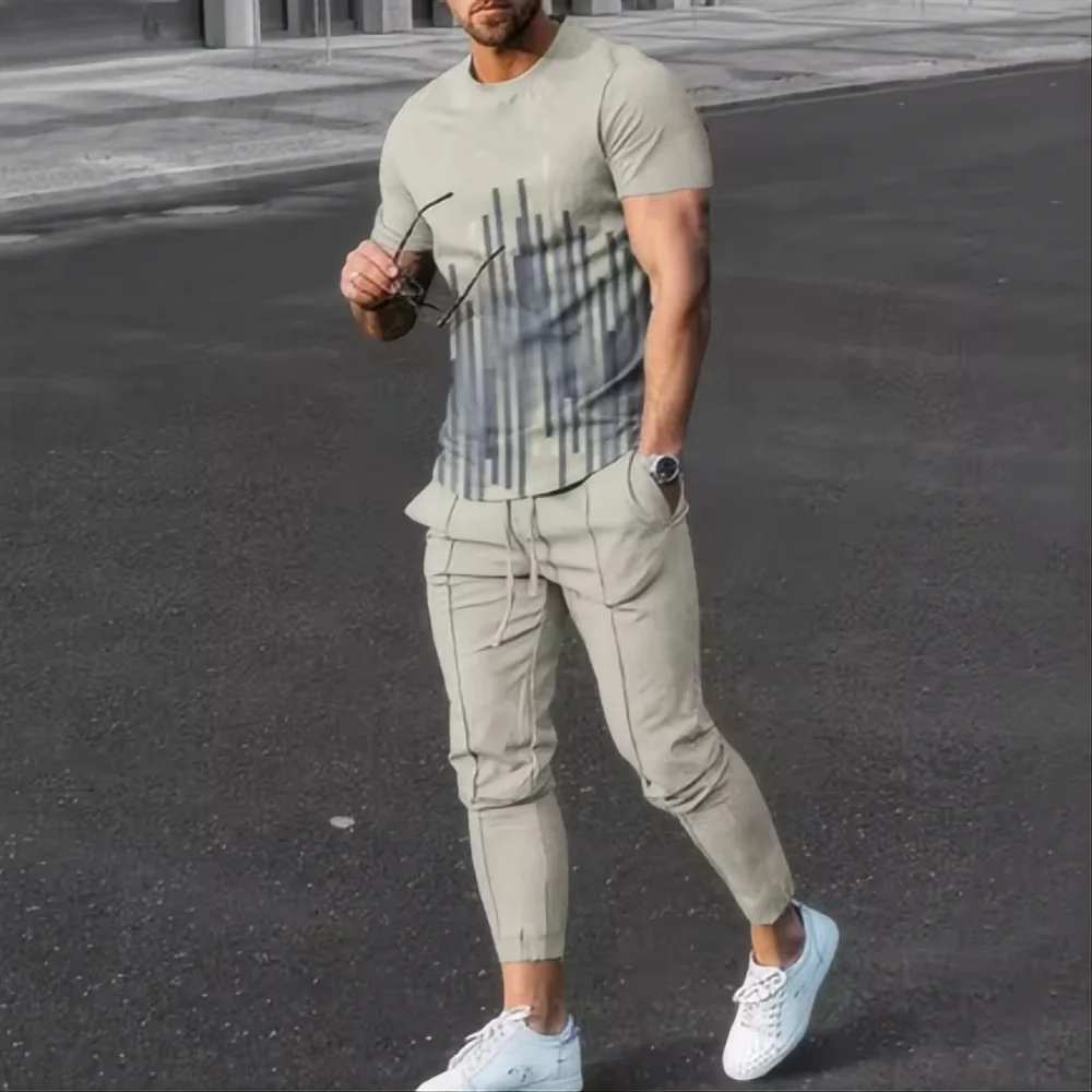 Fashion Men's T-shirt suit sportswear 3D printed sportswear  short sleeved T-shirt long pants  street wear 2-piece set