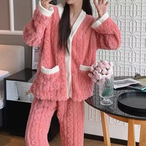2pcs/Set Autumn And Winter Pajamas Women Thickened Padded Warm Velvet Suit Cardigan Trousers