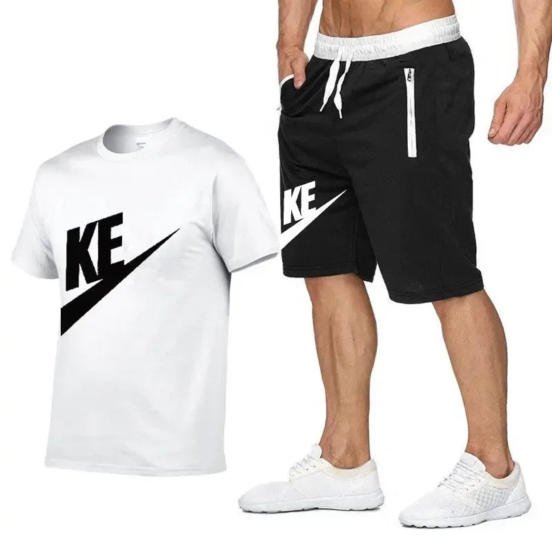 Summer men's printed round neck short-sleeved T-shirt + five-point shorts two-piece fitness sports fashion leisure suit