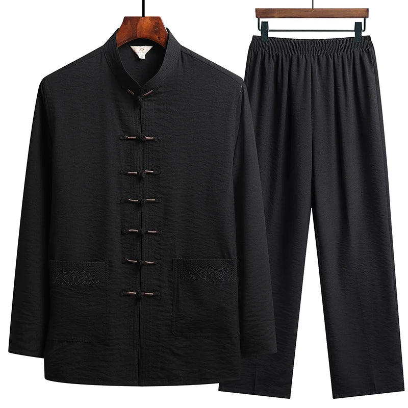Chinese Traditional Clothing Set Man Fall Linen Buckle Shirt Oriental Retro Top Pants Tai Chi Breathable Uniforms
