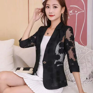 Women Blazer Jacket Thin Cardigan Sun Protection Clothing Hollow Lace Three-quarter Sleeve Suit Top Ladies
