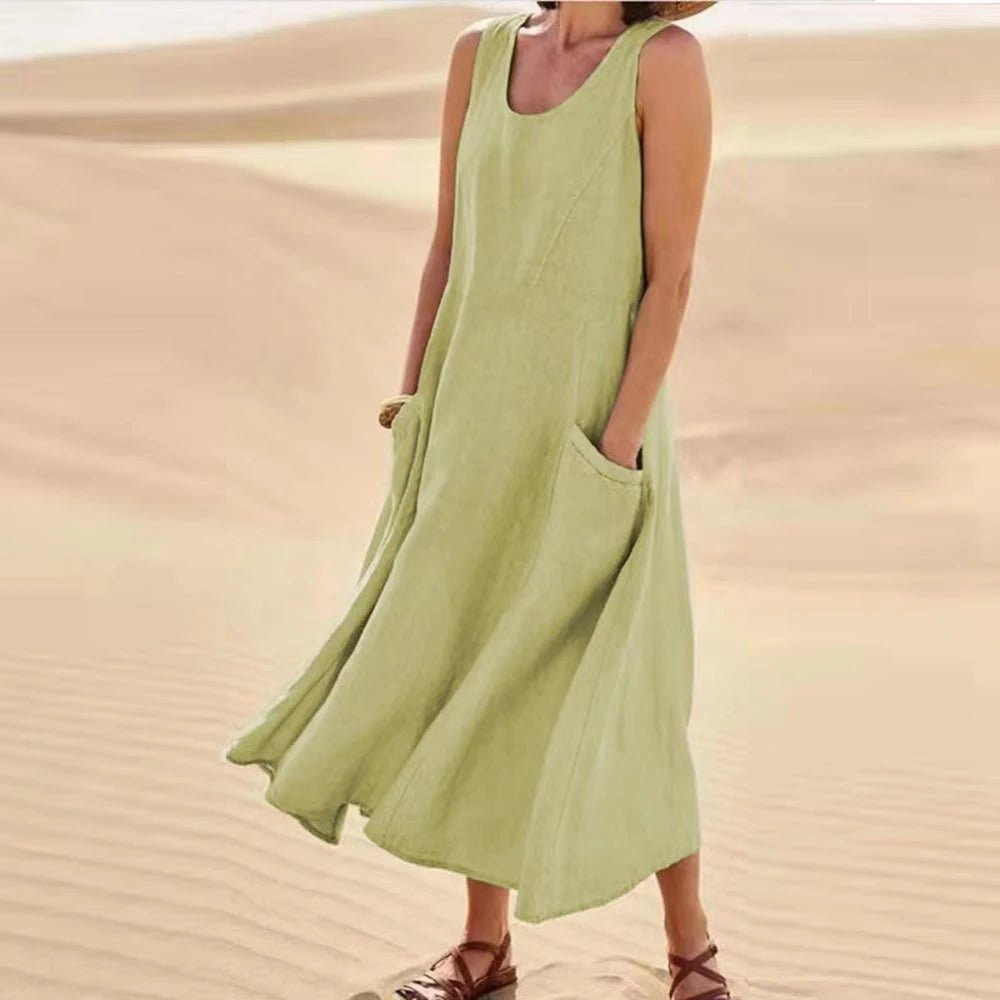 Cotton Linen Sleeveless Dress for Women Summer Pullover Fashion Female Clothing Short Sleeved Loose Long Dress