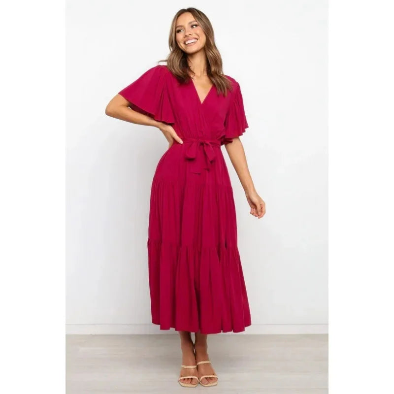 Bohemian V-Neck Short Sleeve Waist-Cinched Dress Skirt Dress